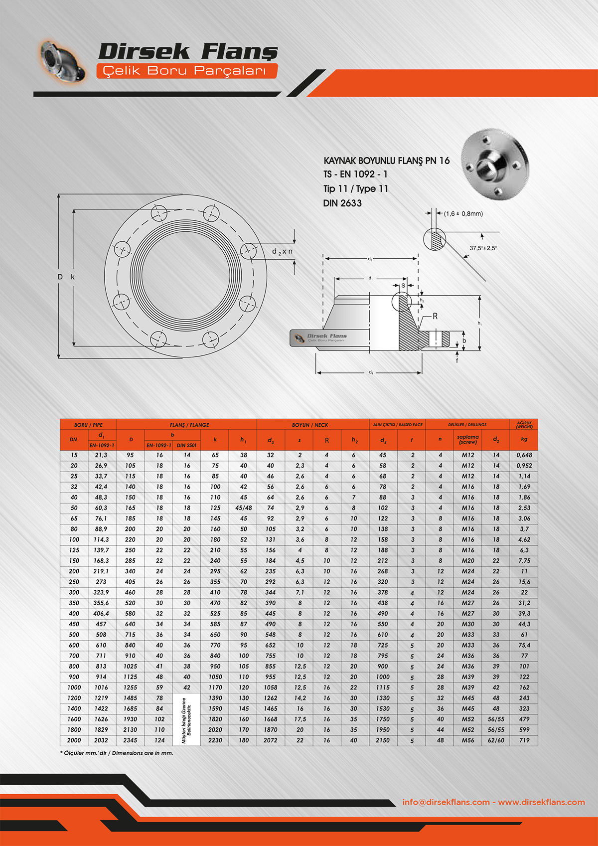 KAYNAK BOYUNLU FLANŞ PN 16